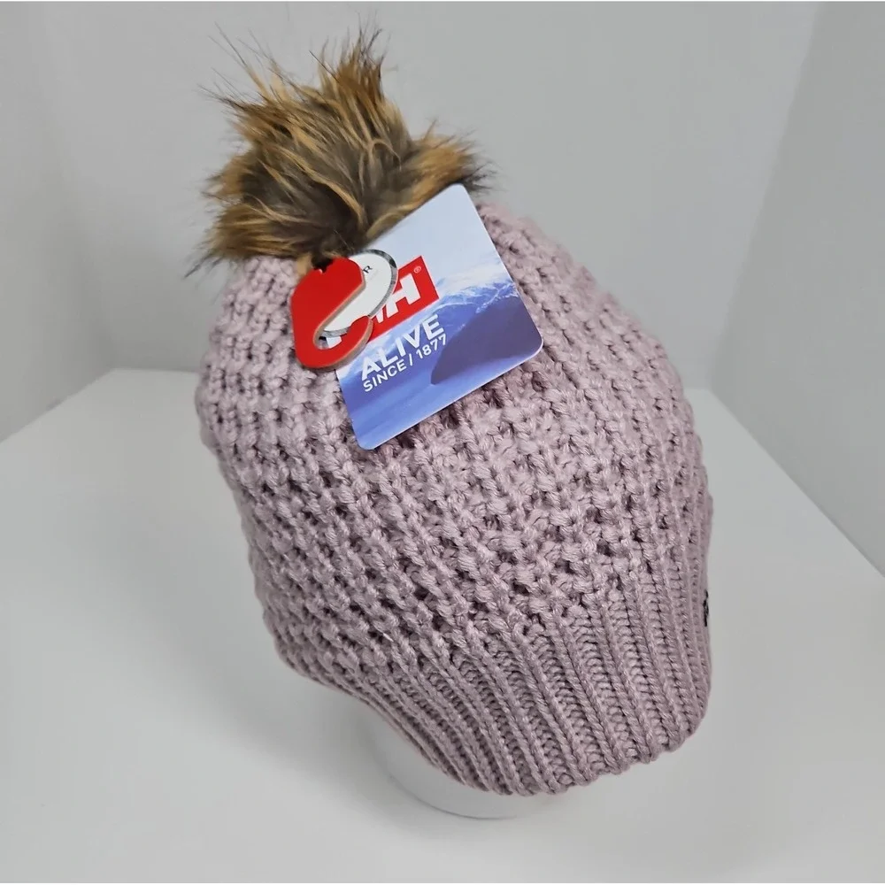 Helly Hansen Womens Dusty Purple Snowfall Faux Fur Lined Pom Pom Beanie NWT
